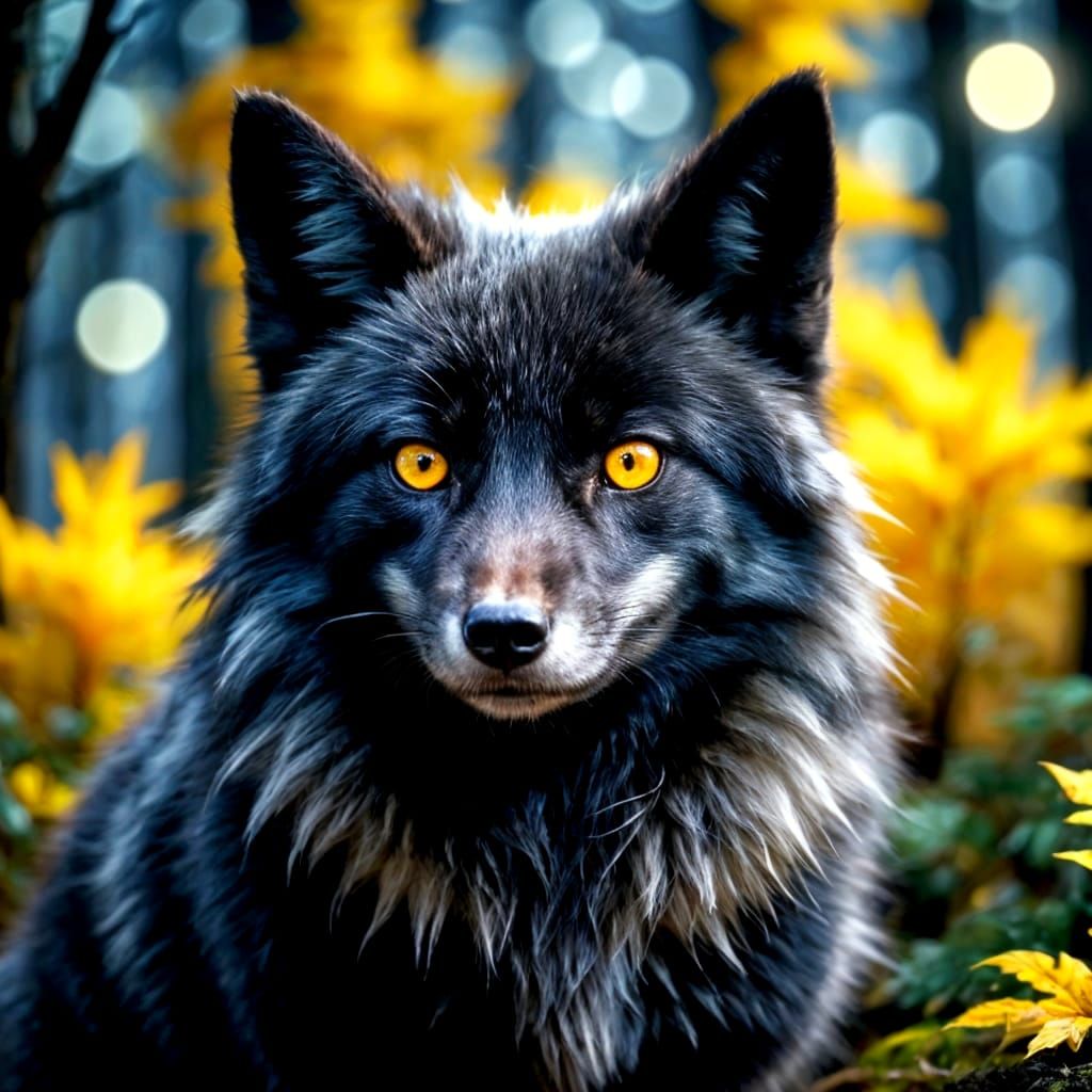 Fluffy Black Fox in Moonlit Forest