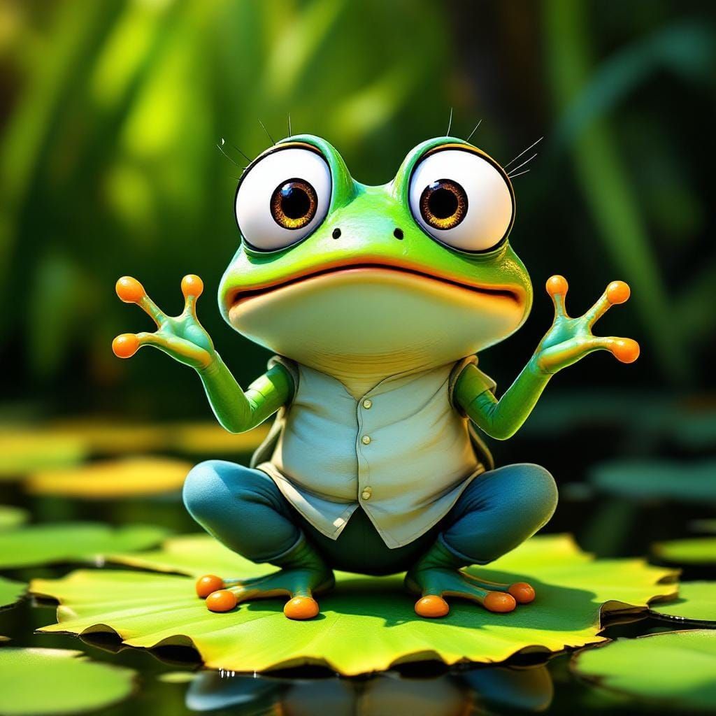 Surprised Cartoon Frog On Lily Pad in Disney Style