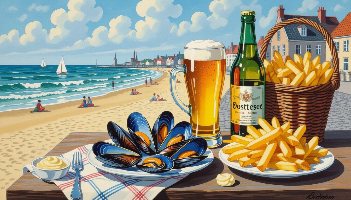 Belgian Seafood Meal with Beer, Ligne Clair Style