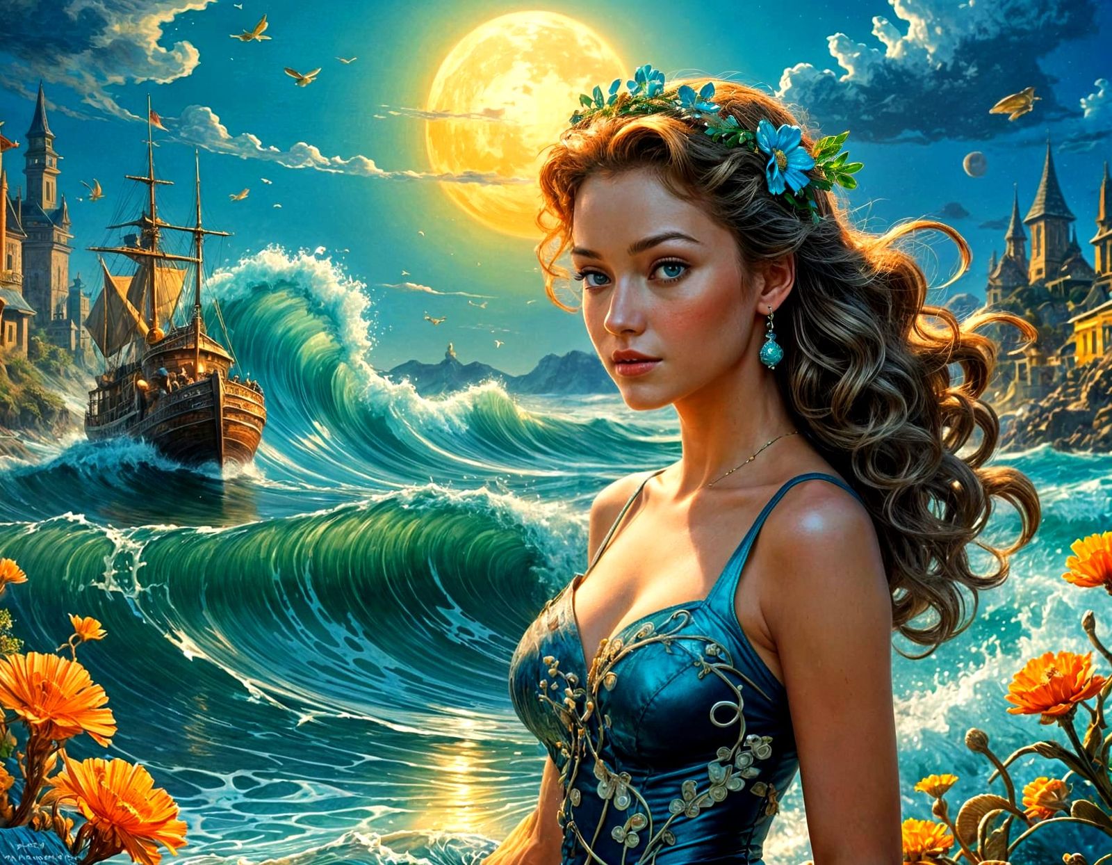 Enchanting Wave Siren in Vibrant, Dreamlike Splendor