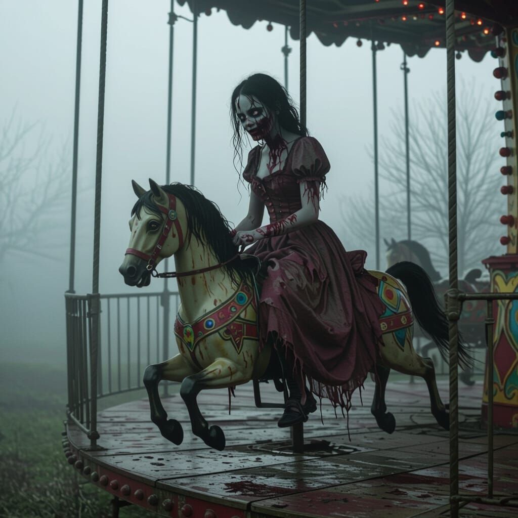 Zombie Girl on Rusty Merry-Go-Round in Foggy Park