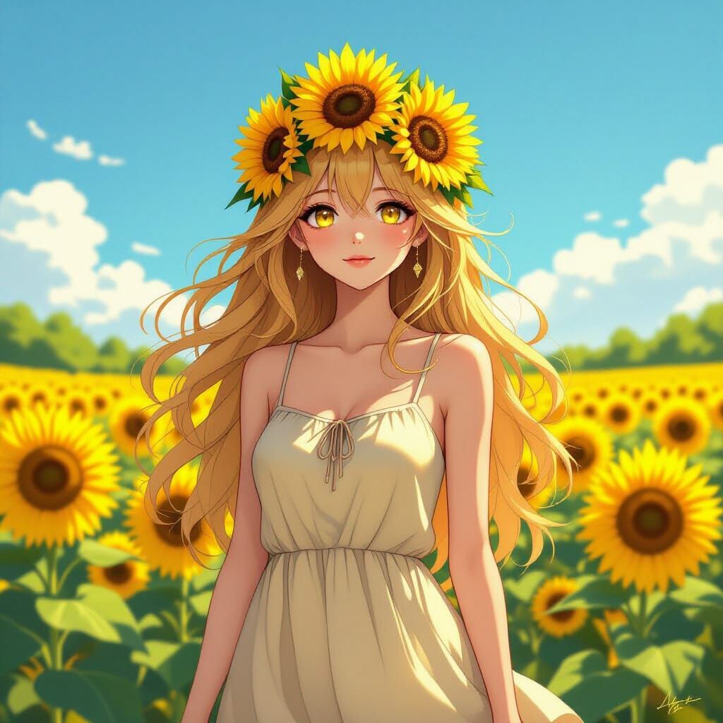 Anime Girl in Sunflower Field at Golden Hour