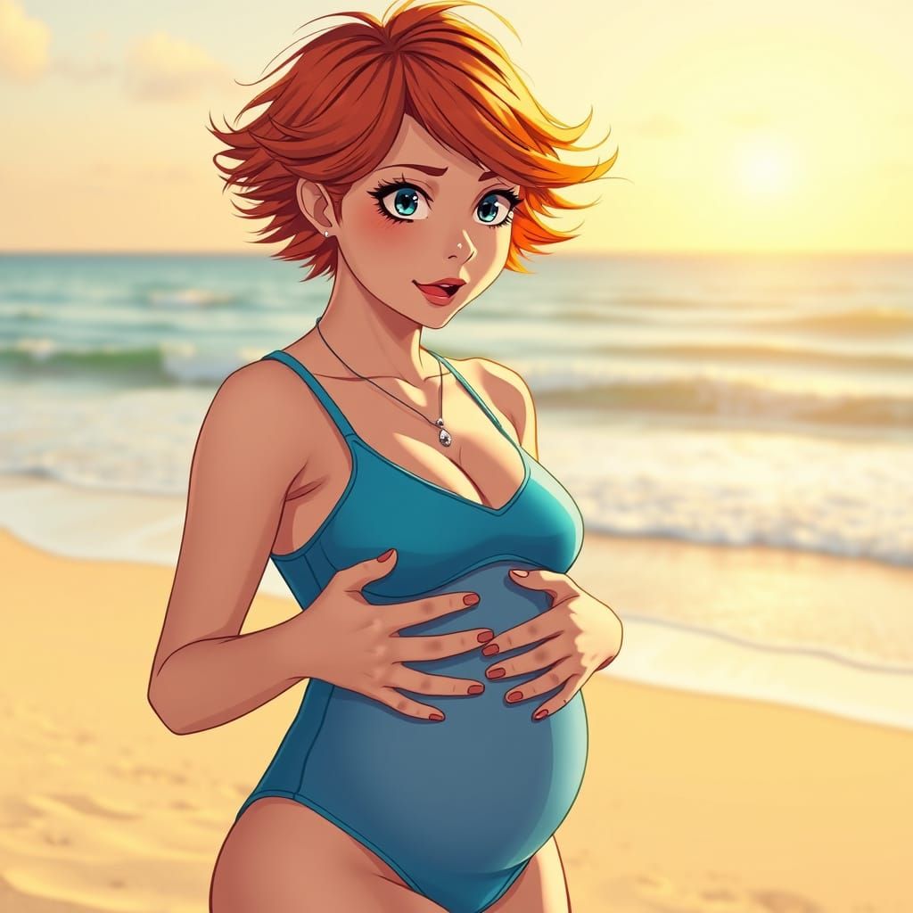 Serene Beach Moment of a Pregnant Woman in Vibrant Orange Ha...