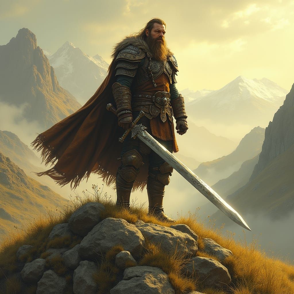 Fantasy Warrior on Misty Hillside in Frazetta Style