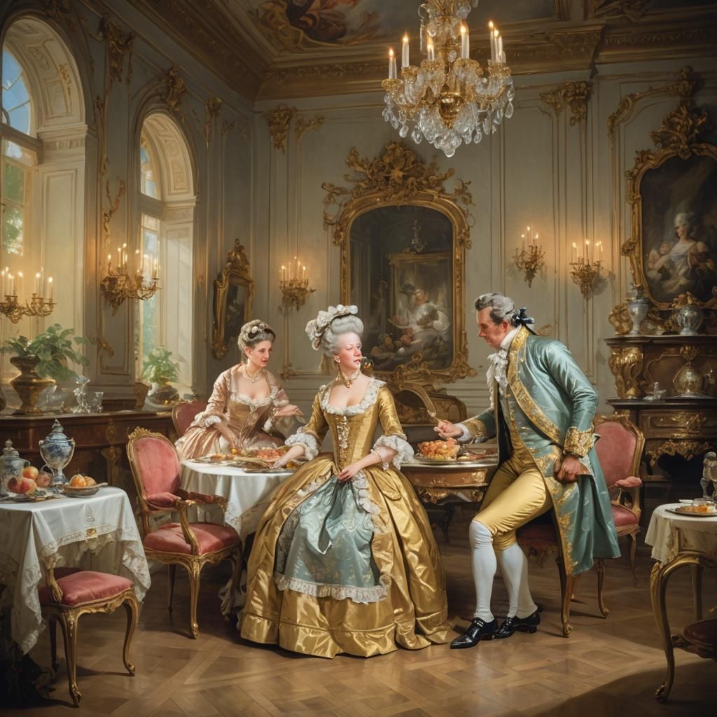 Elegant Couple Serving Cook: Rococo Painting