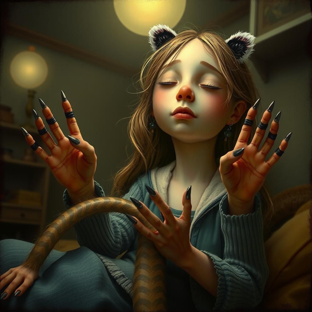 Hypnotic Transformation into Raccoon, Whimsical Folk Art