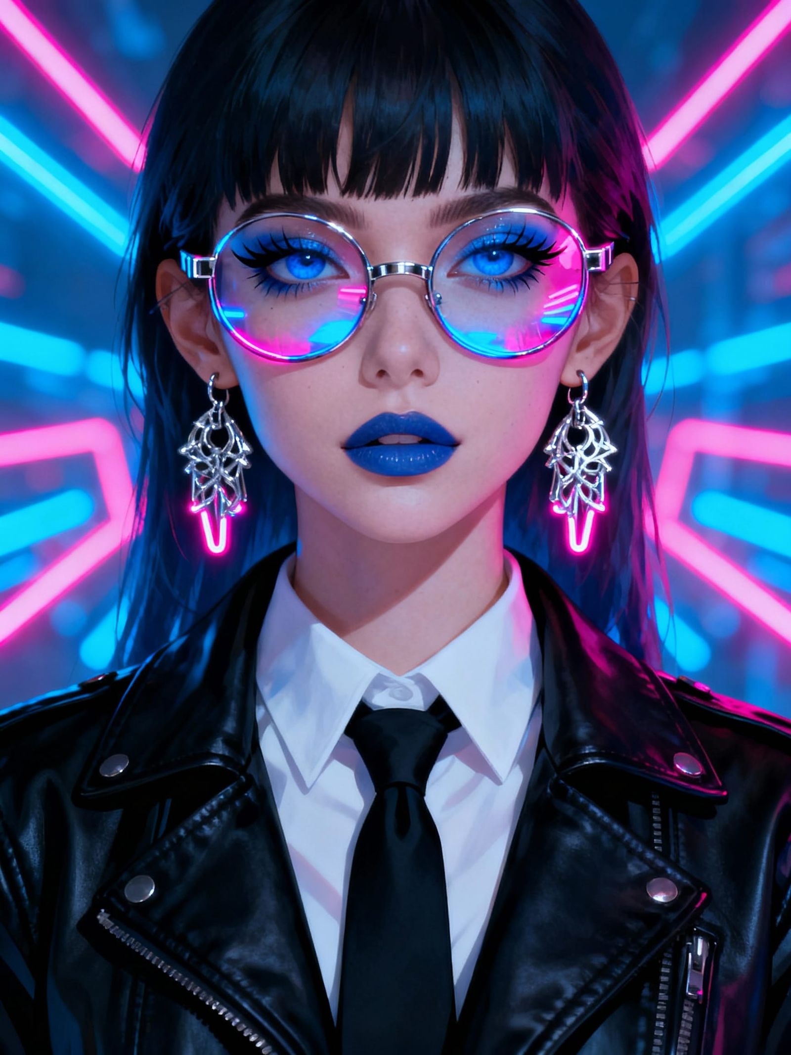 Futuristic Woman Portrait with Blue Eyes and Neon Lights