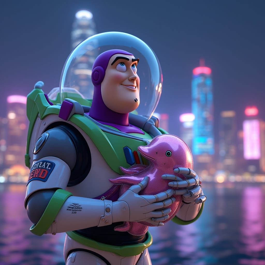 Heroic Buzz Lightyear Cradles Pink Dolphin Robot Amidst Hong...
