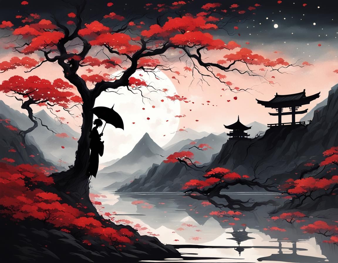 Geisha Silhouette Under Autumn Tree: Ink Flow Digital Art