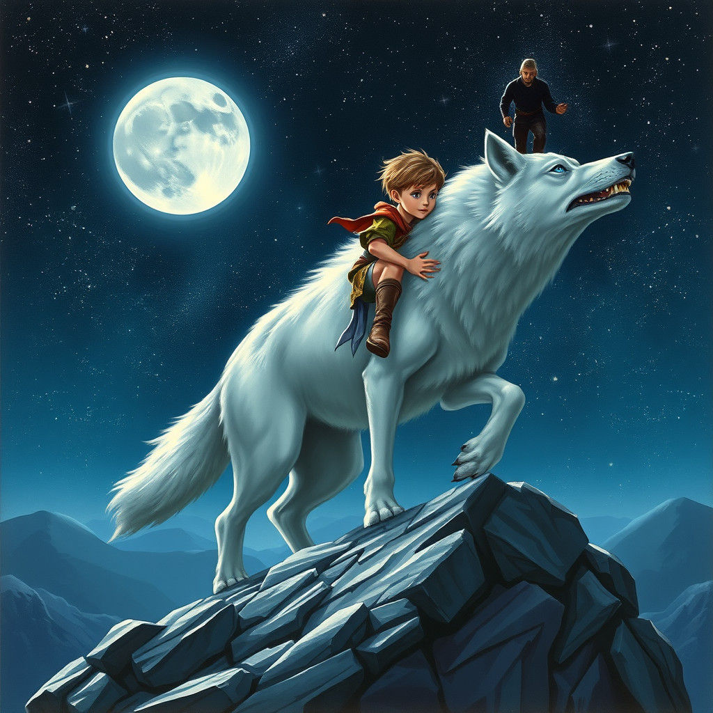Boy and Wolf on a Starry Night, Fantasy Art