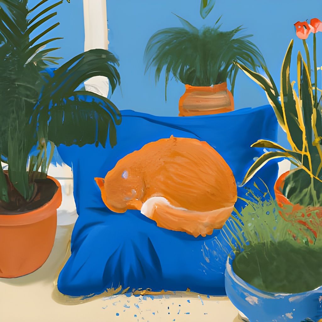 Orange Cat on Blue Pillow, Landseer Style