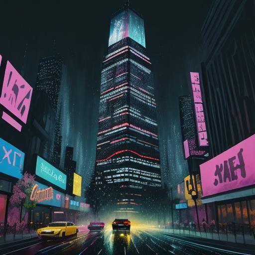 Vibrant Nighttime Cityscape in Graffiti Art Style