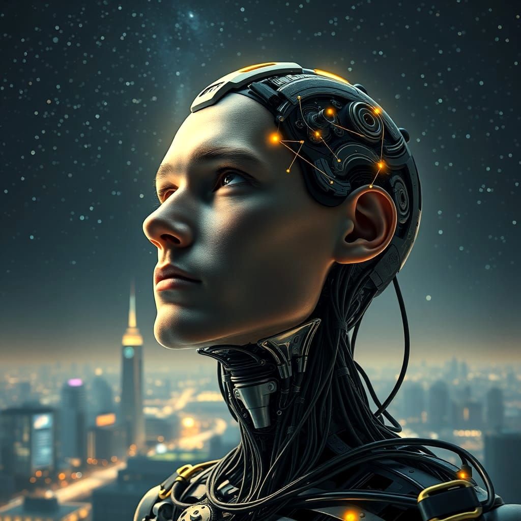 Transhuman Contemplates Stars in Cyberpunk Style