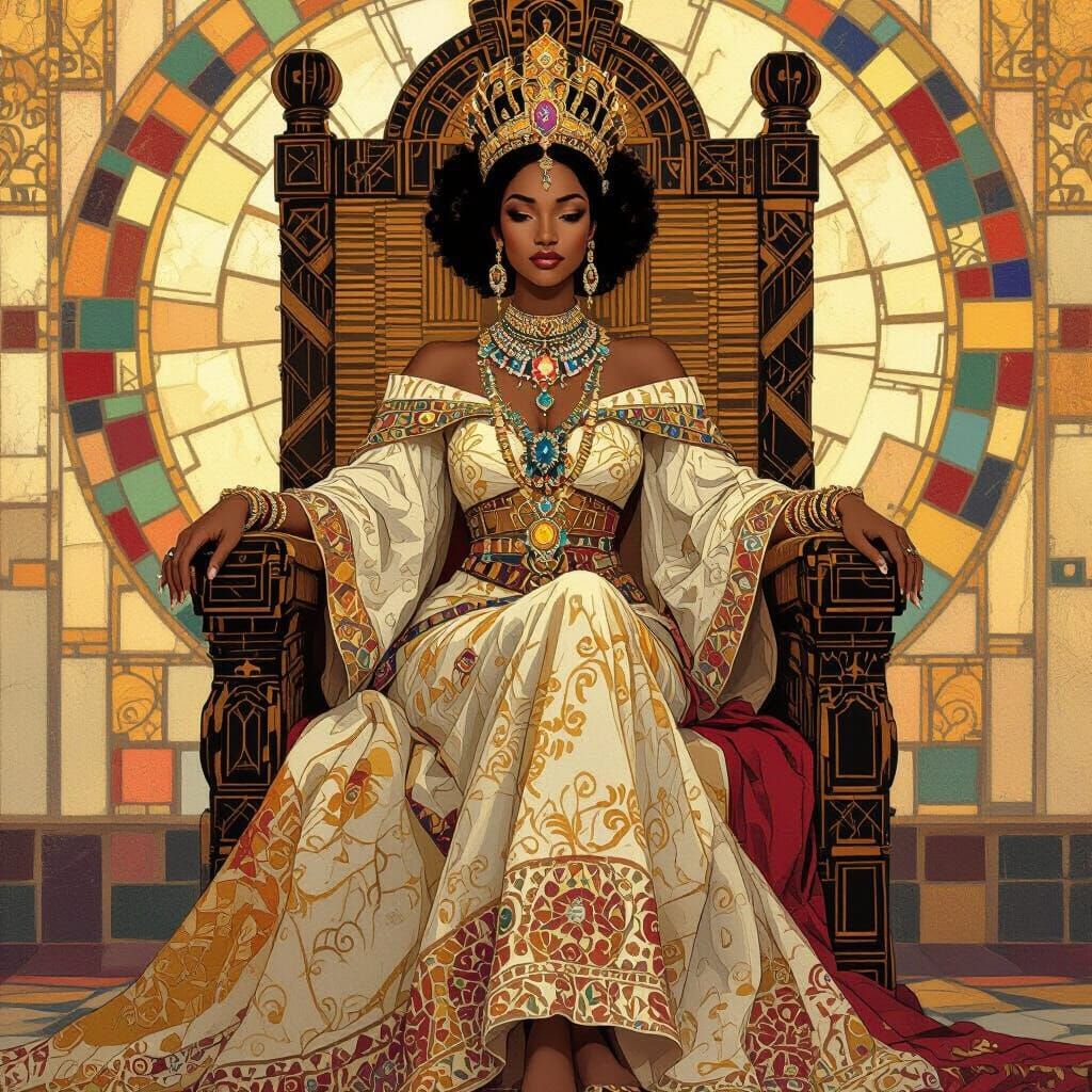 African Queen on Golden Throne in Art Nouveau Style