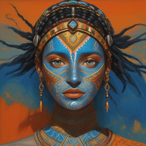 Encaustic Moroccan Woman's Face with Tribal Patterns