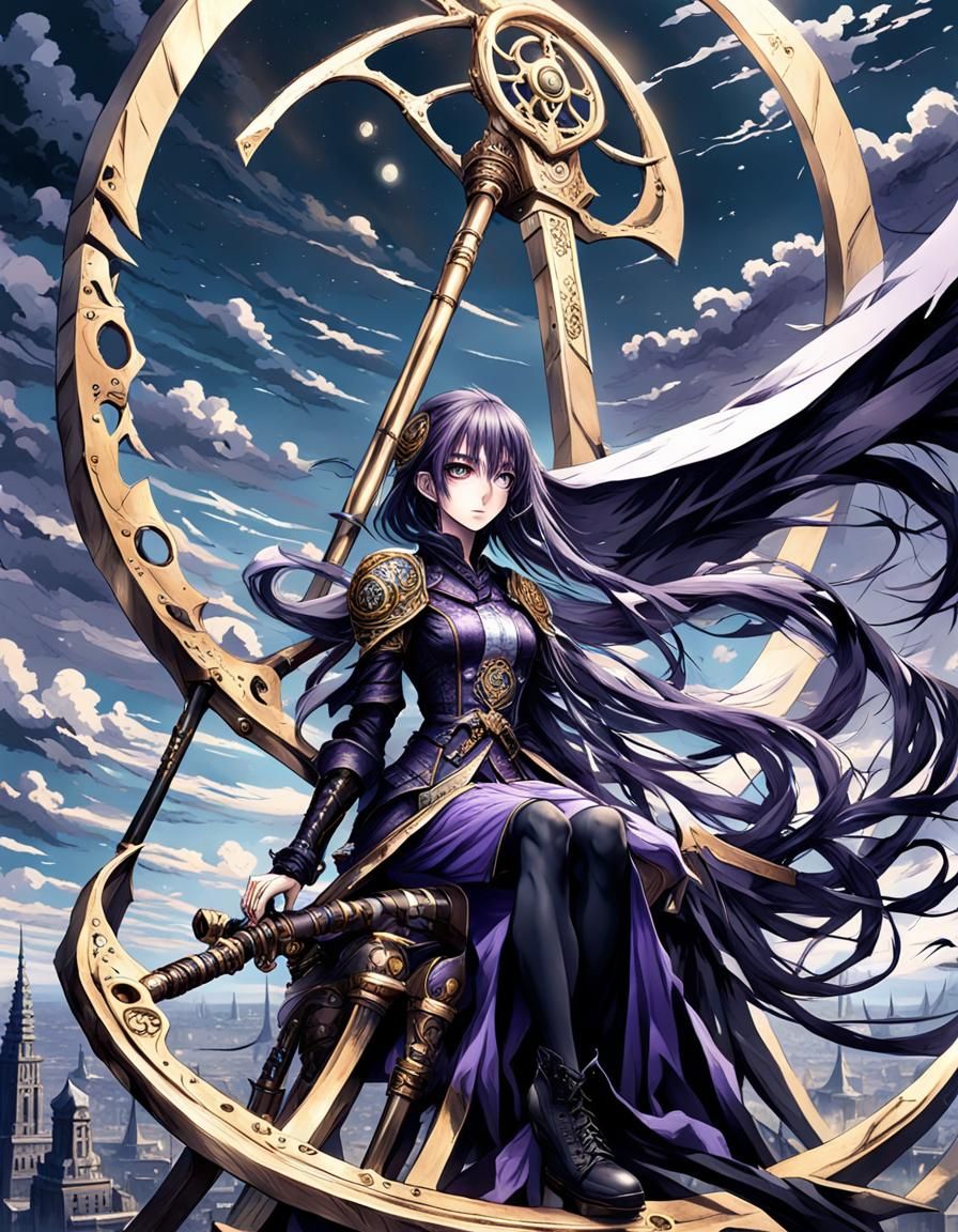 80’ anime-style, girl sitting on a big flying scythe, big detailed anime eyes,sky, big tower at background, dark fantasy...