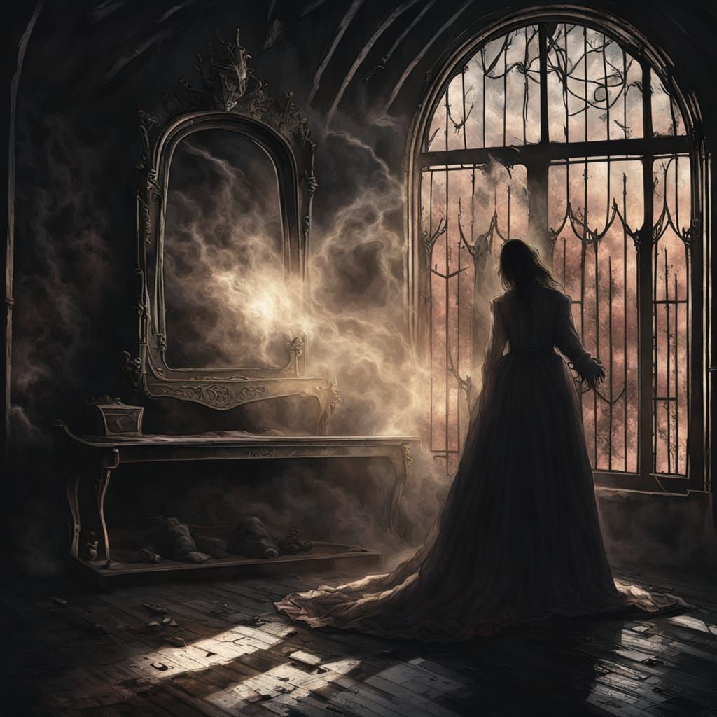 Ethereal Ink Figure Emerges from Cracked Mirror