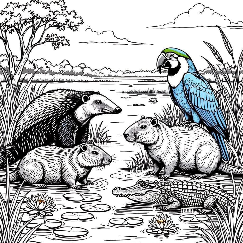 Black and White Line Art of Pantanal Wildlife