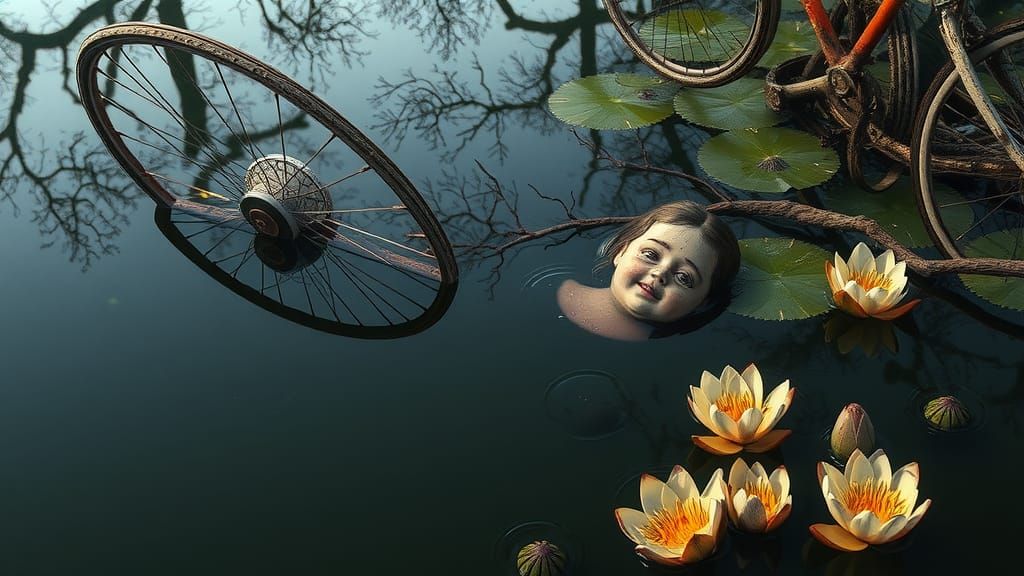 Surreal Pond Reflection: Objects in Unsettling Limbo