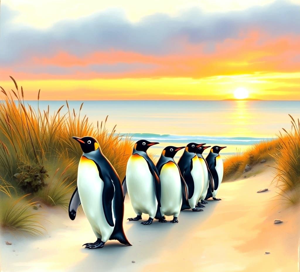 Penguins Walking at Sunset in Watercolour Style