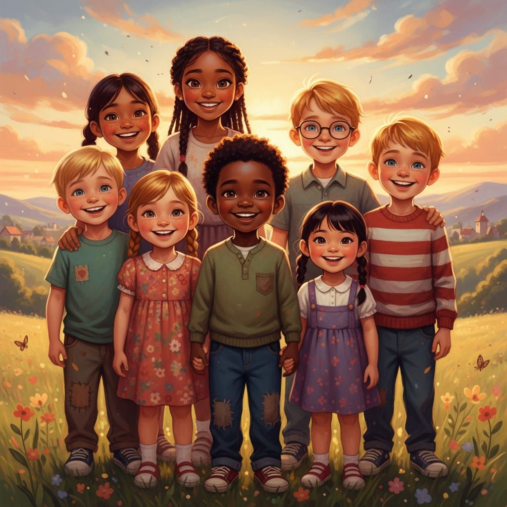 Hopeful Children Smiling in Golden Hour Sunlight