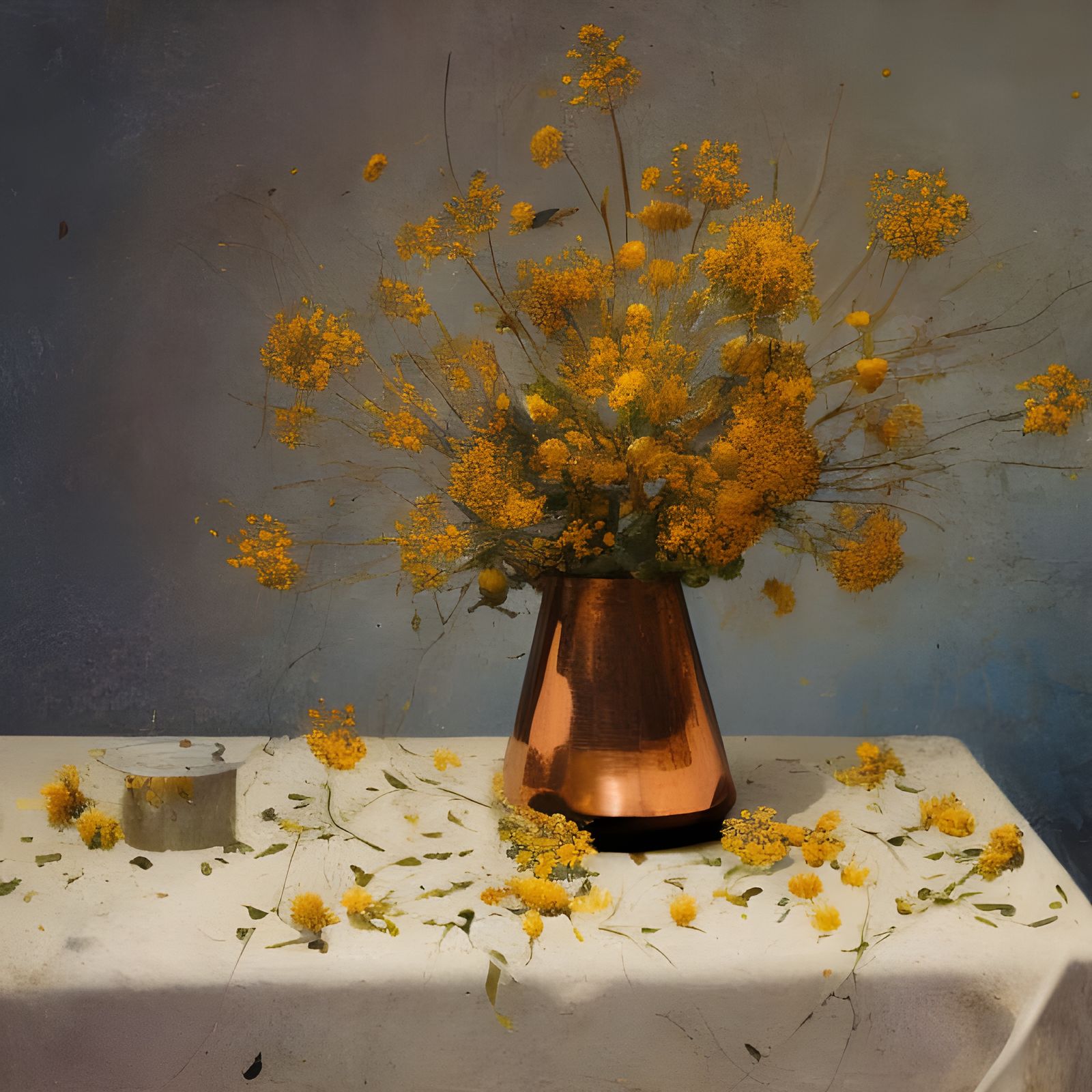 Dry Flowers in Copper Bucket, Hyperrealist Painting