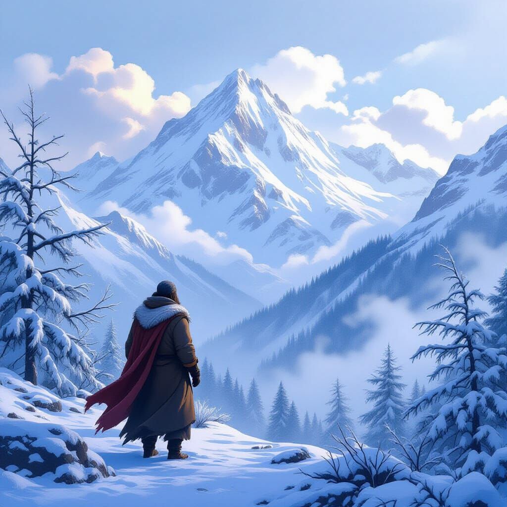Serene Father on Frosty Mountain in Ethereal Style
