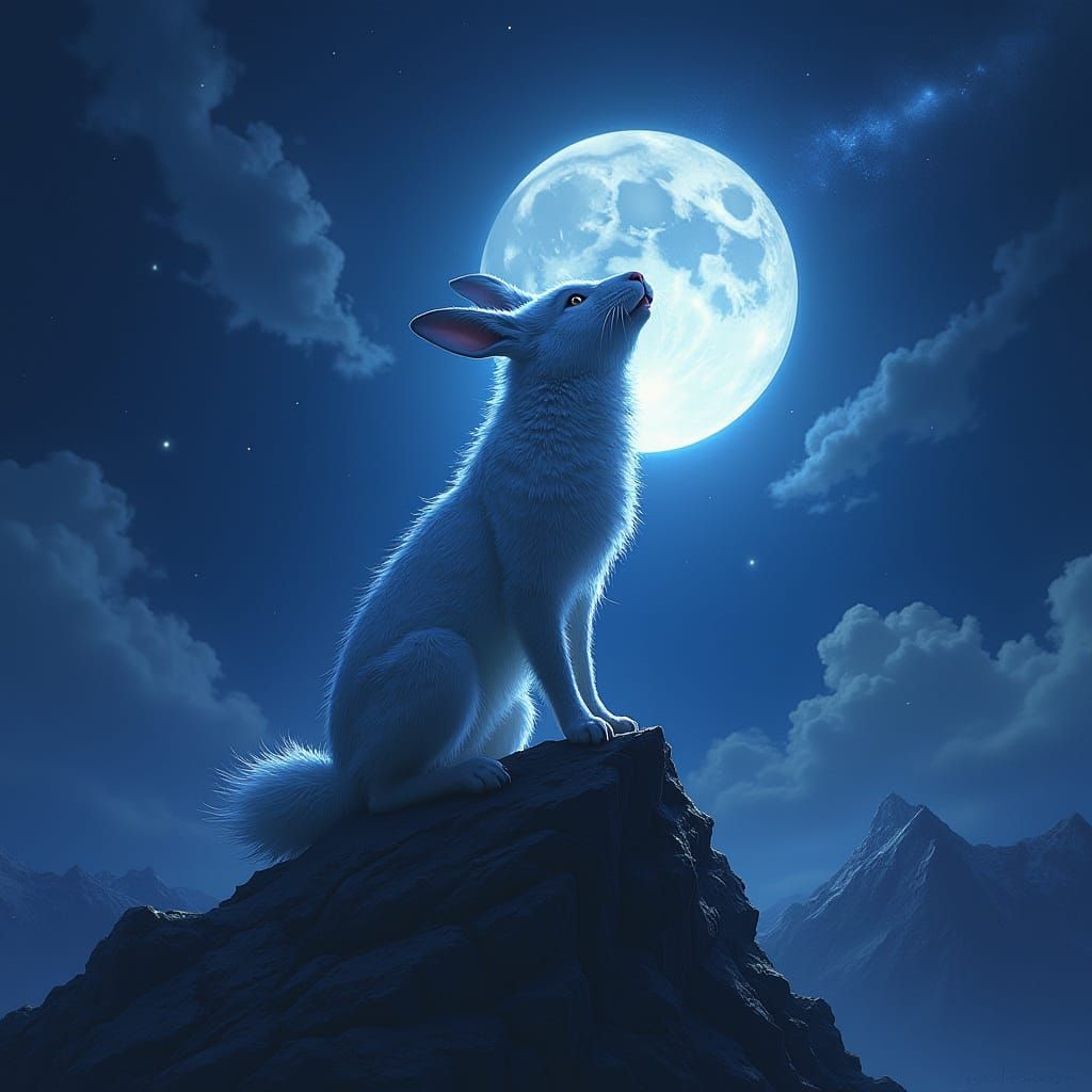Wolf-Rabbit Hybrid Howling at Cosmic Moonlit Mountain