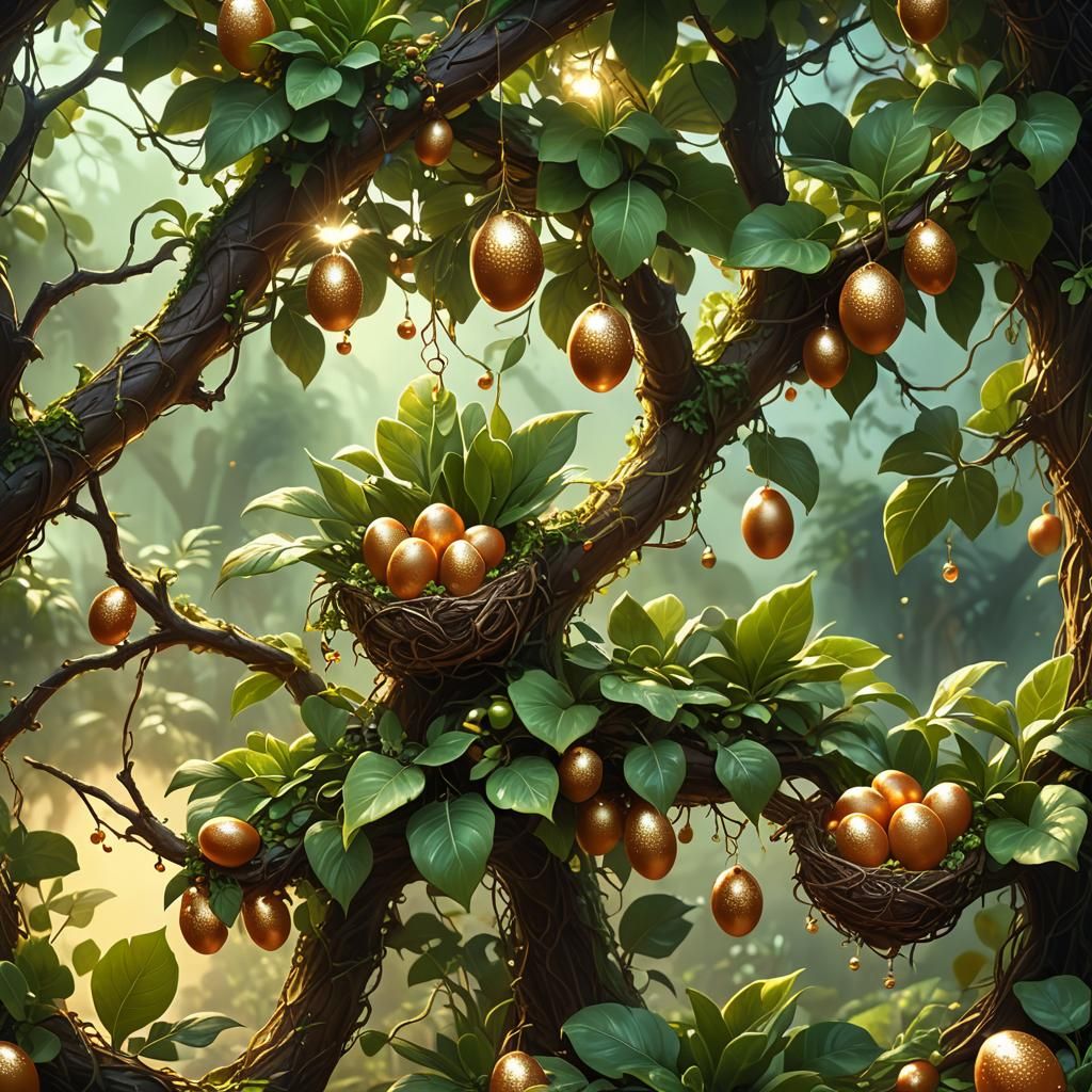 Glowing Egg Plant on Mystical Branch in Matte Painting