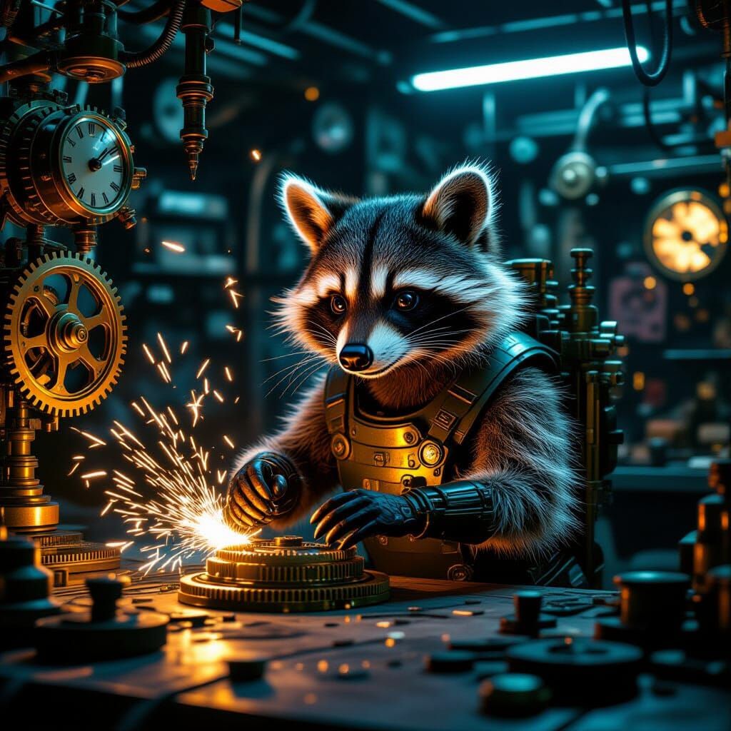 Steampunk Raccoon Inventor in Neon Workshop