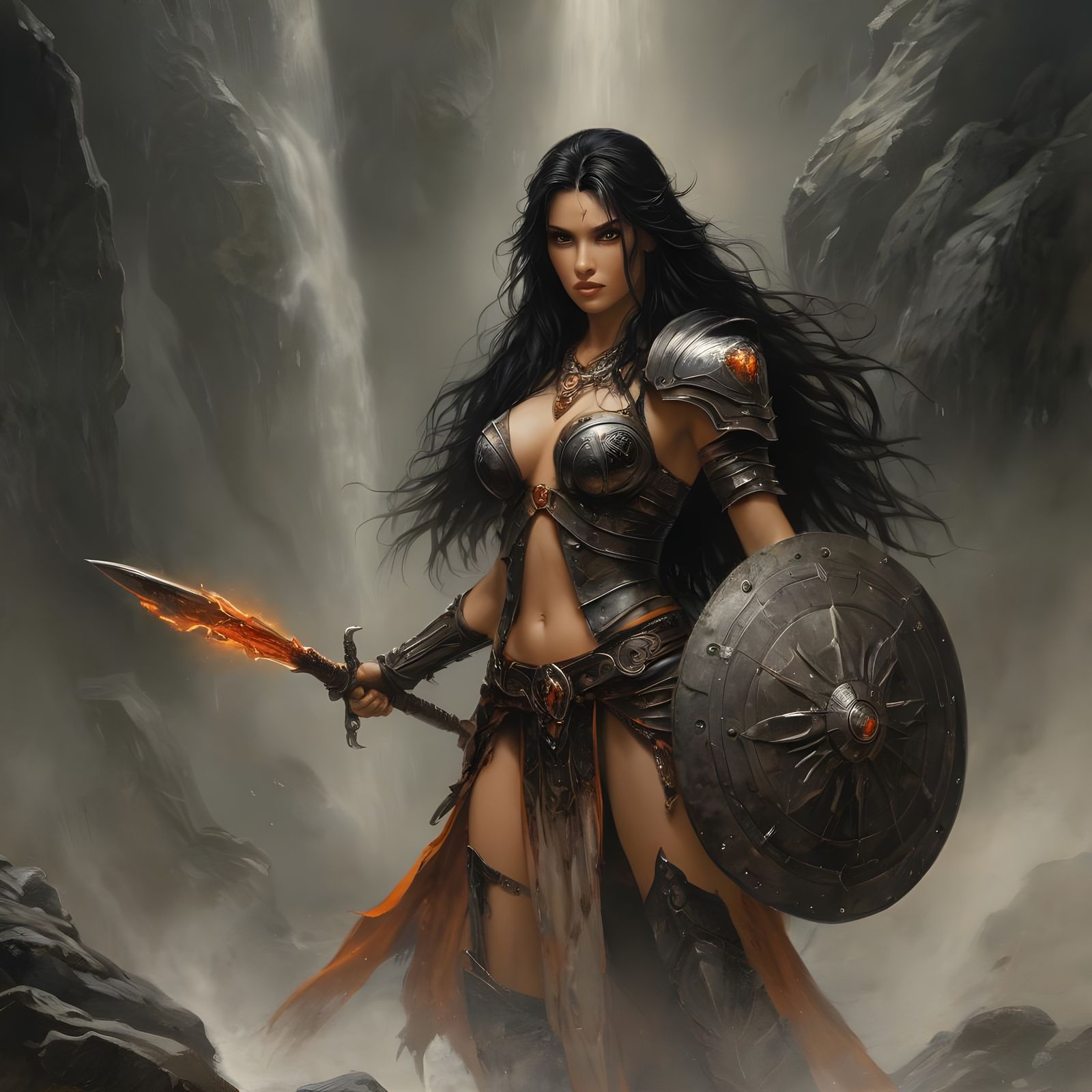 Regal Valkyrie with Fiery Eyes and Ancient Shield