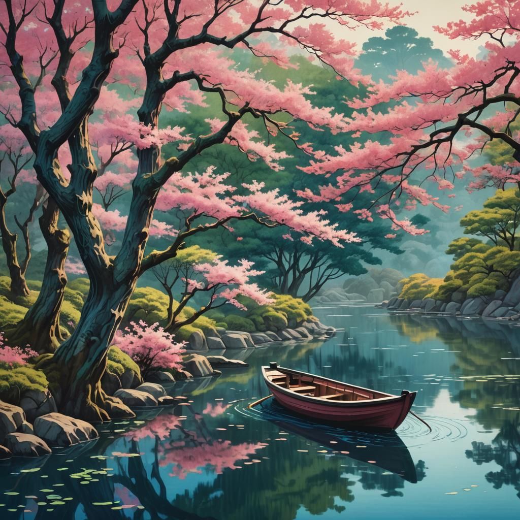 Serene River Scene in Japanese Woodblock Style