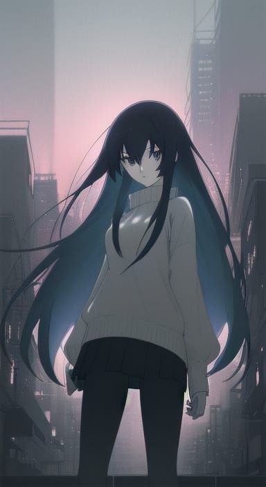 Anime Girl in Moody Cityscape at Dusk