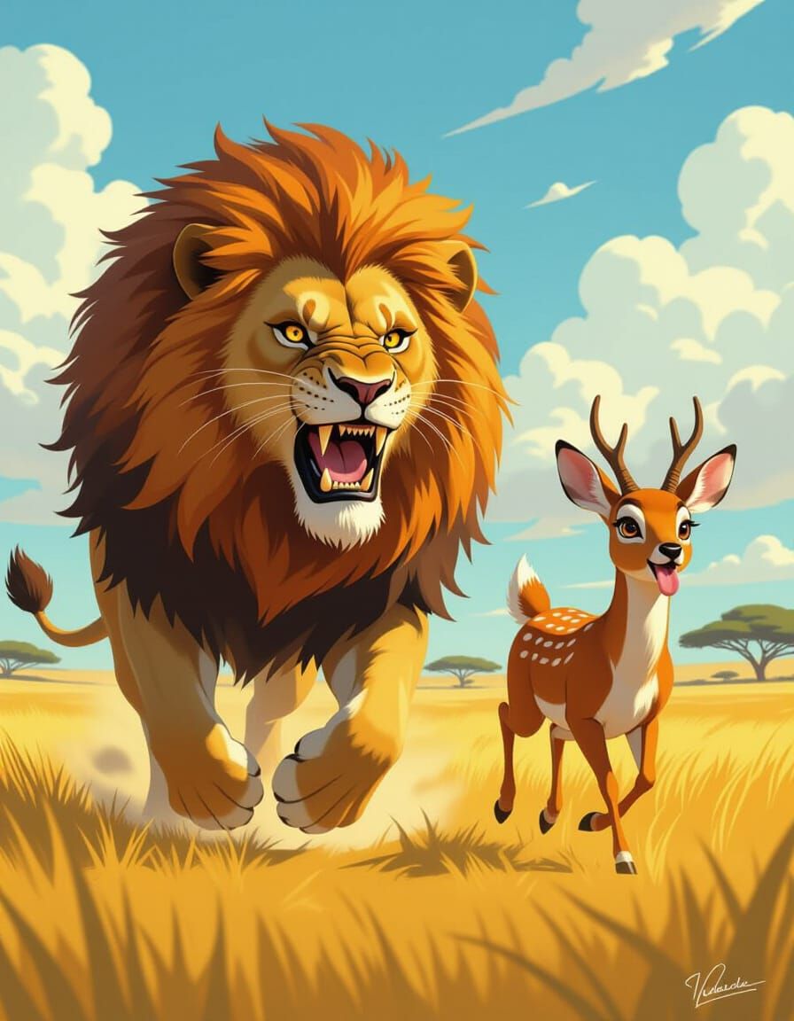 Lion Charges Deer in Expressive Savanna Landscape