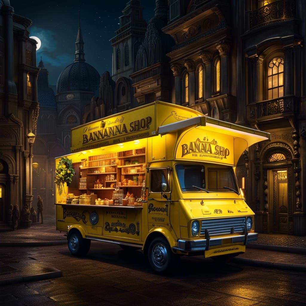 Banana Shop Truck in Gothic City, Hyperrealistic Art