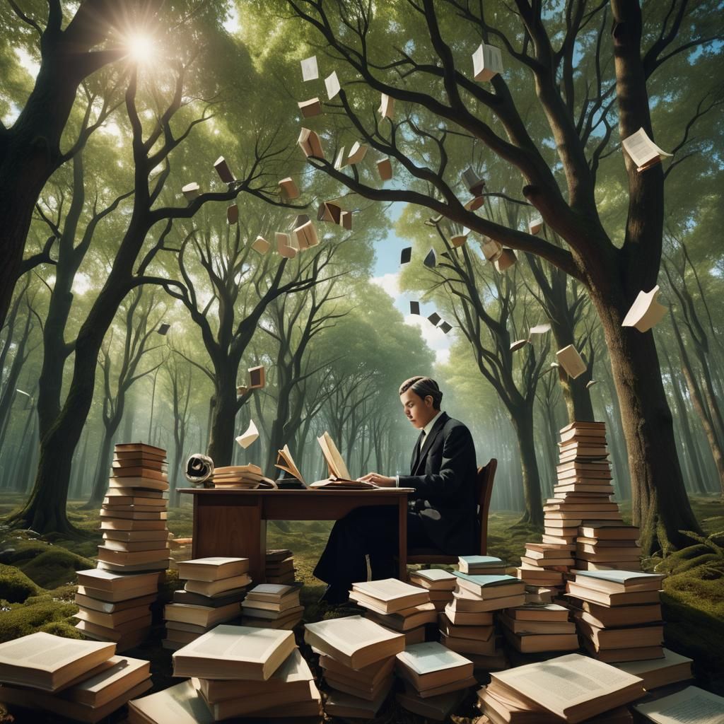 Surreal Forest Desk Scene in Surrealist Style