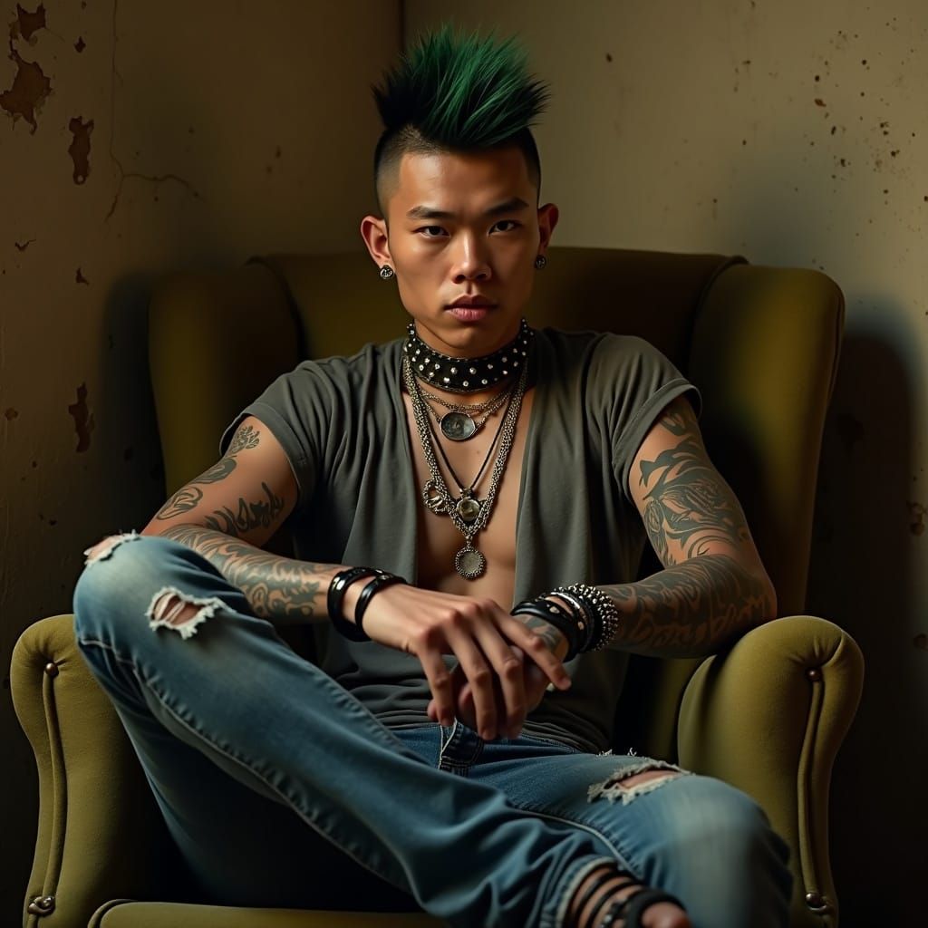Punk Aesthetic Man on Vintage Armchair