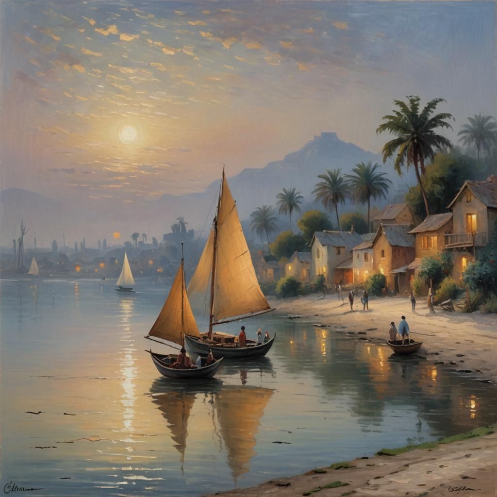 Moonlit River Village: Impressionist Felucca Painting