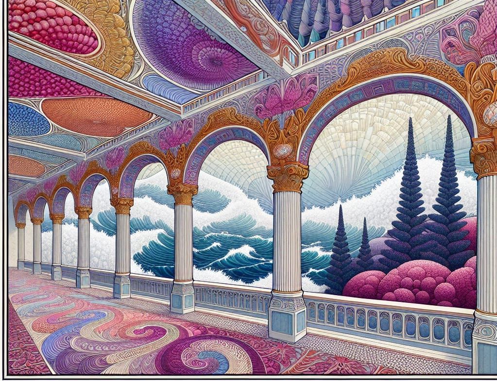 Art Nouveau Colonnade with Goldfish Fractals