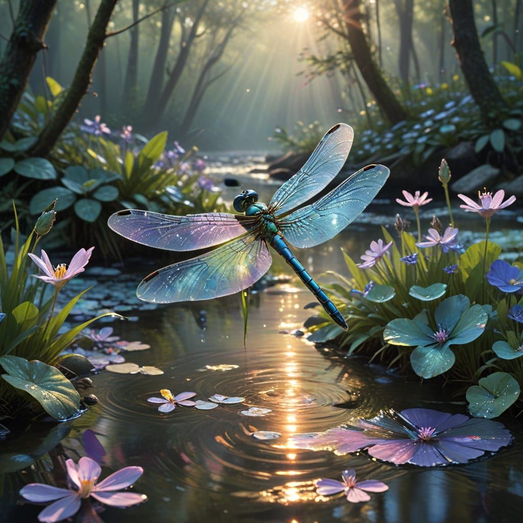 Whimsical Dragonfly over Crystal Brook in Enchanting Waterco...