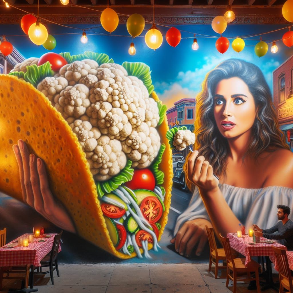Giant Cauliflower Taco with Colorful Restaurant Setting