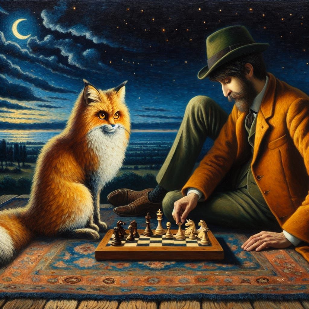 Velvet Painting of Fuzzy Characters Playing Chess