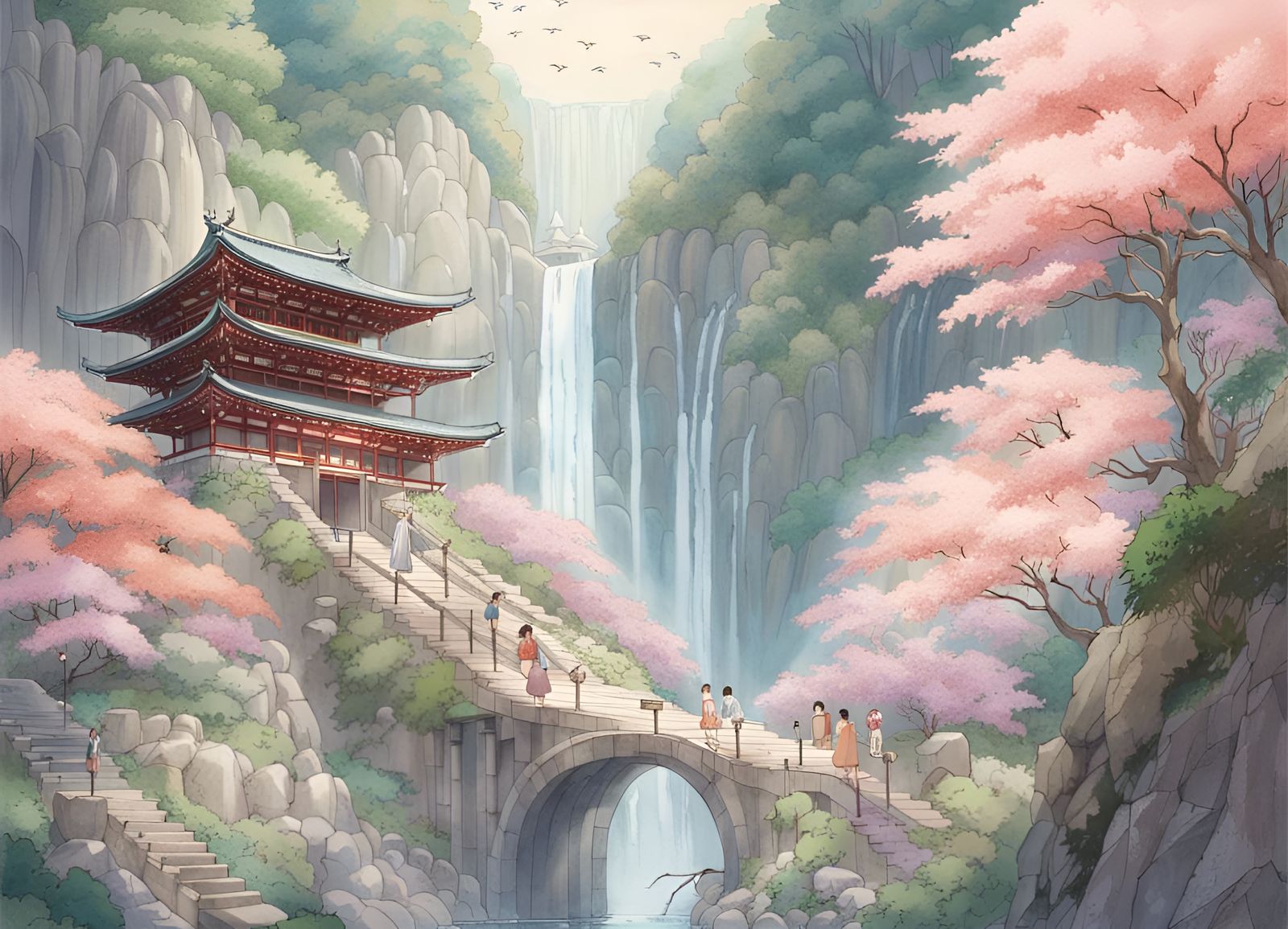 Japanese Temple hidden in the mountains by waterfalls