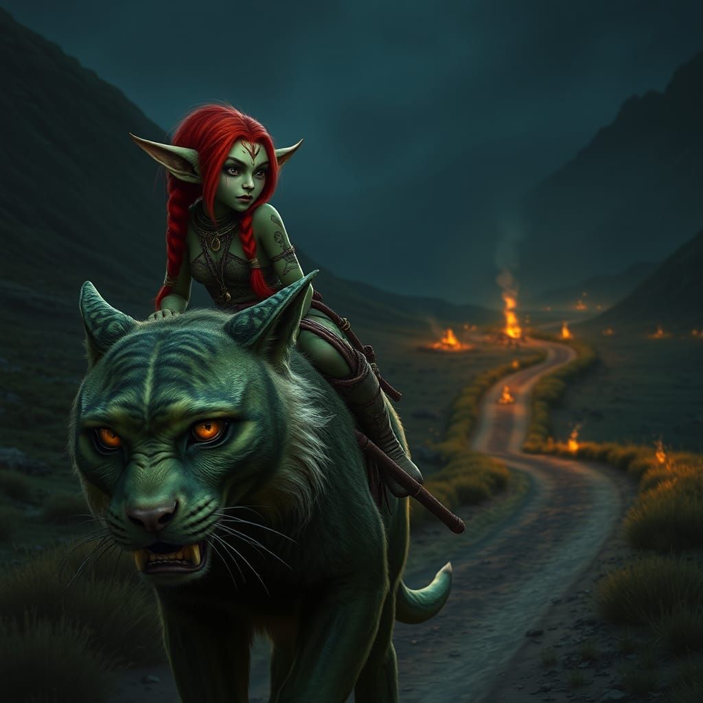 Goblin Rider on Mossy Cat, Matte Painting