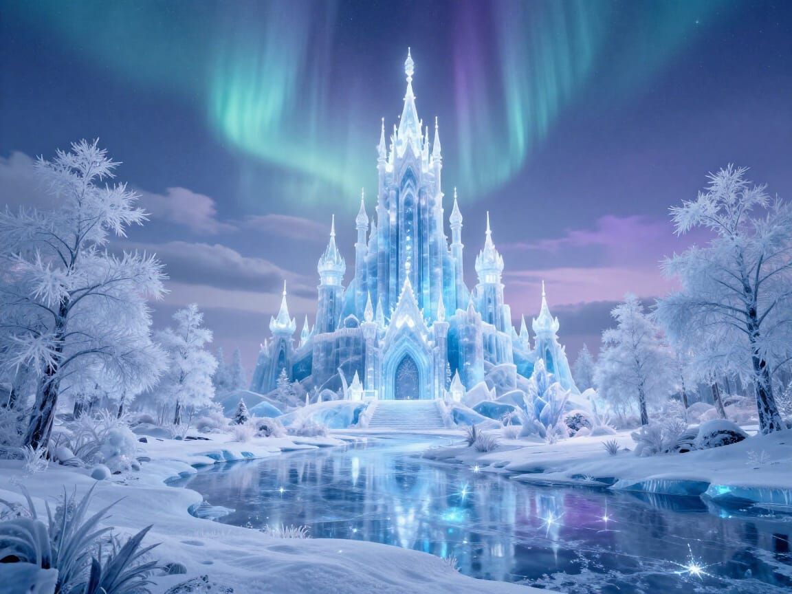 Surreal Winter Realm of Ice Castles and Auroras