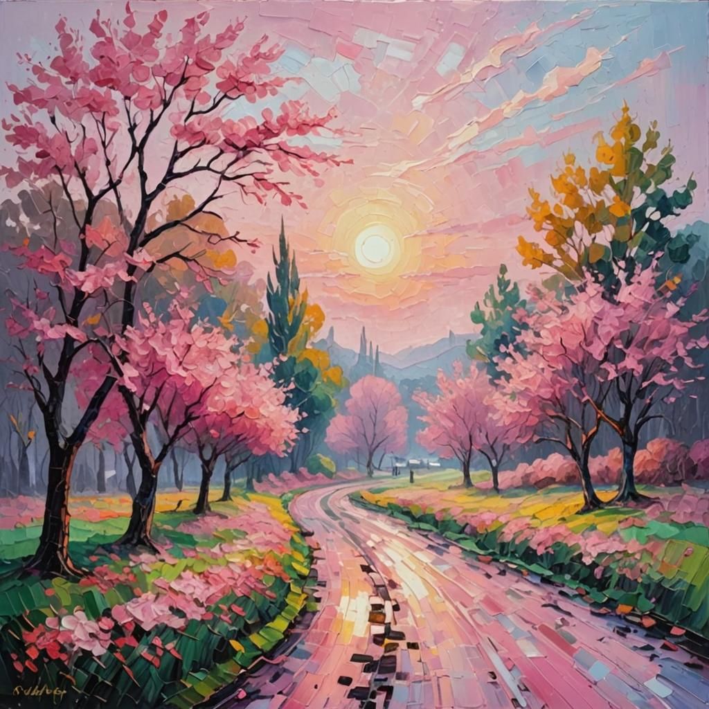 Pink Morning Scene in Expressionist Oil Painting Style