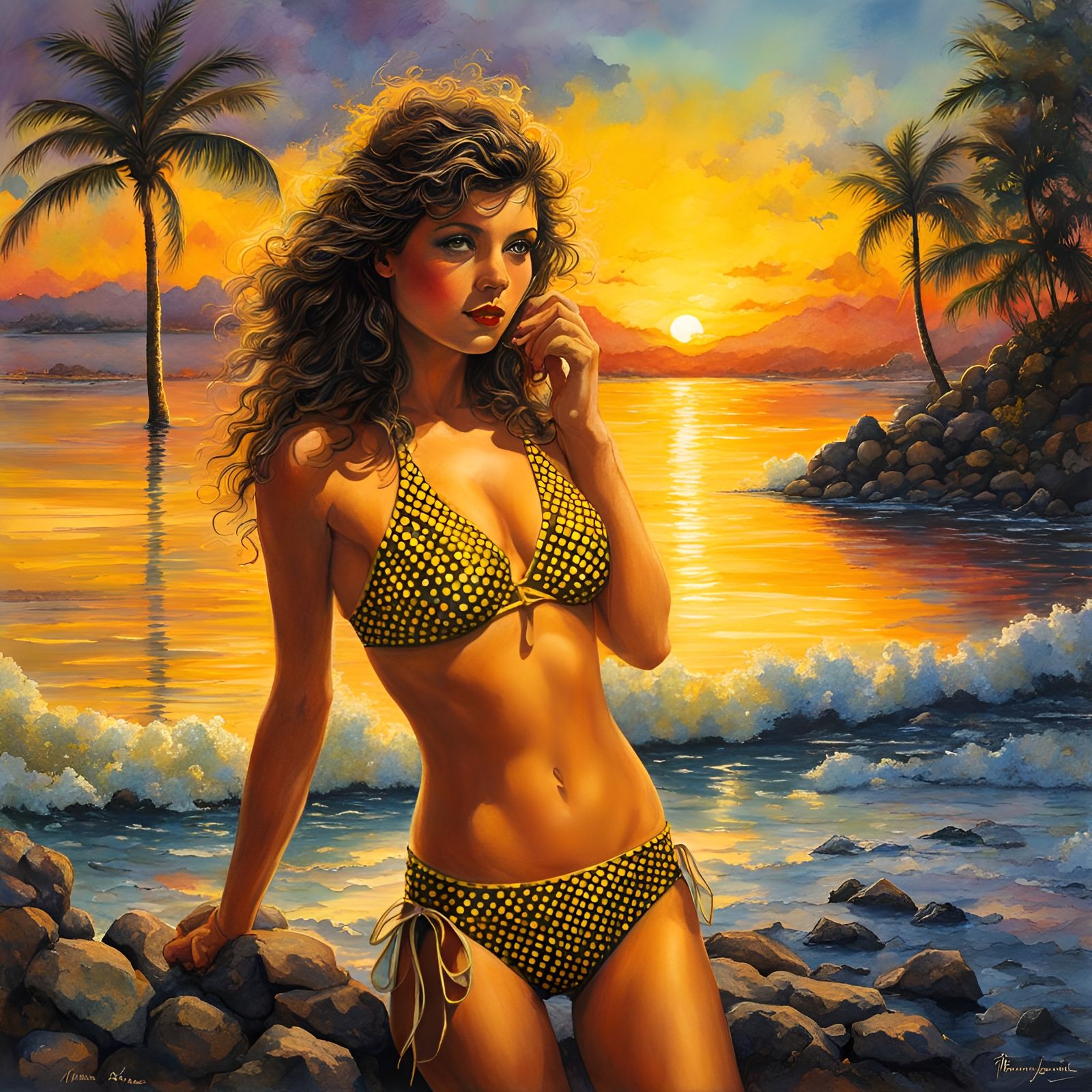 Girl in Polka Dot Bikini at Sunset