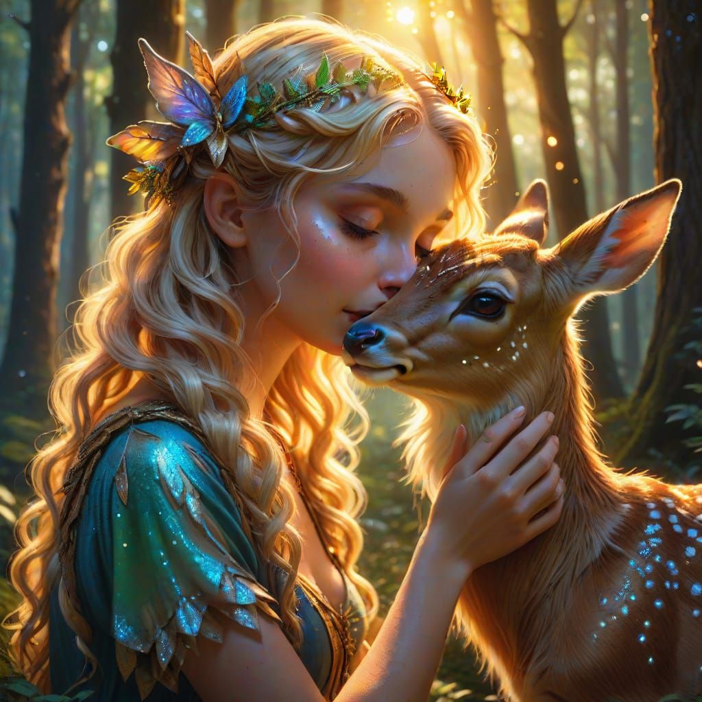Fairy Girl Snuggles Fawn in Forest with Golden Hour Light