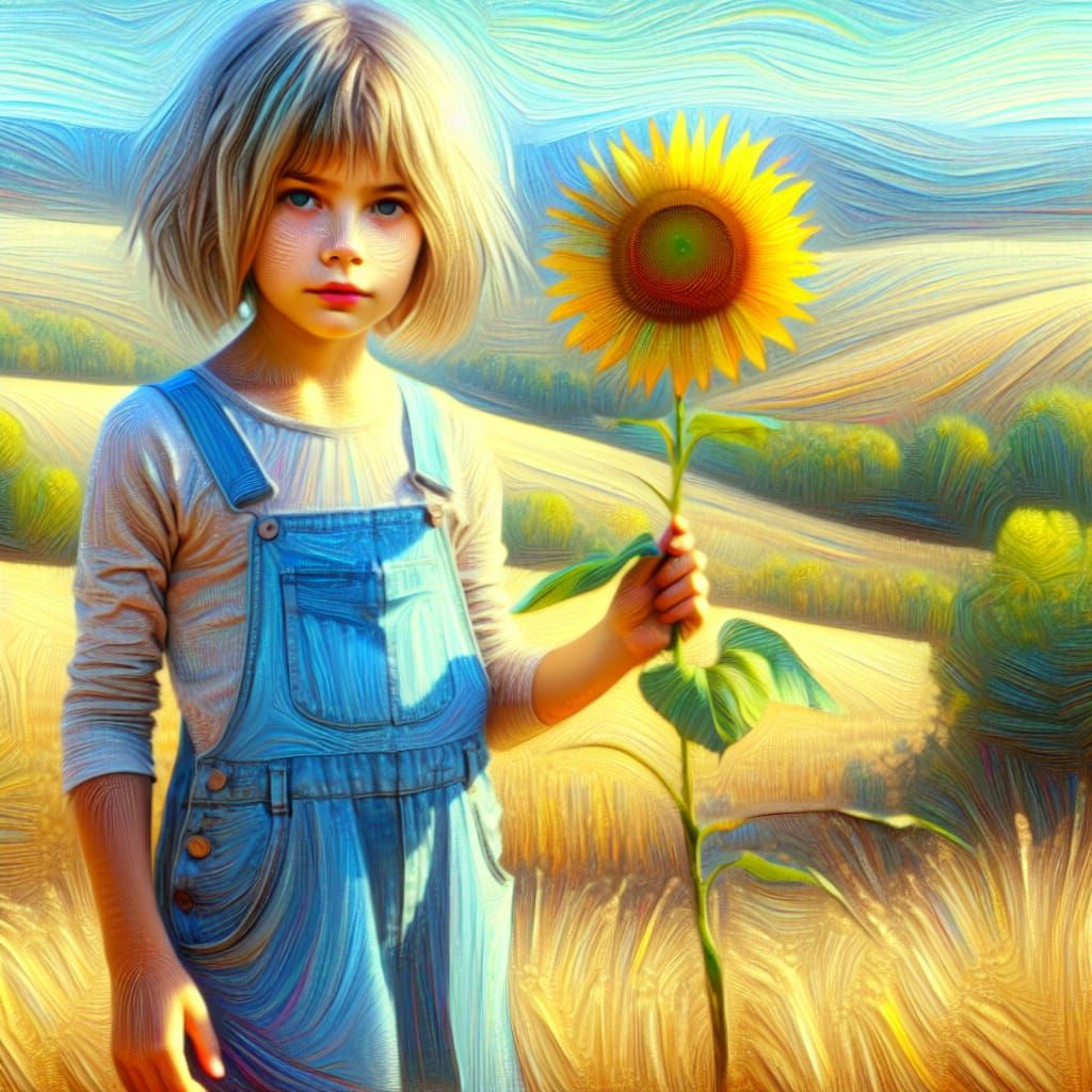 Surreal Sunflower Girl in Impressionistic Landscape