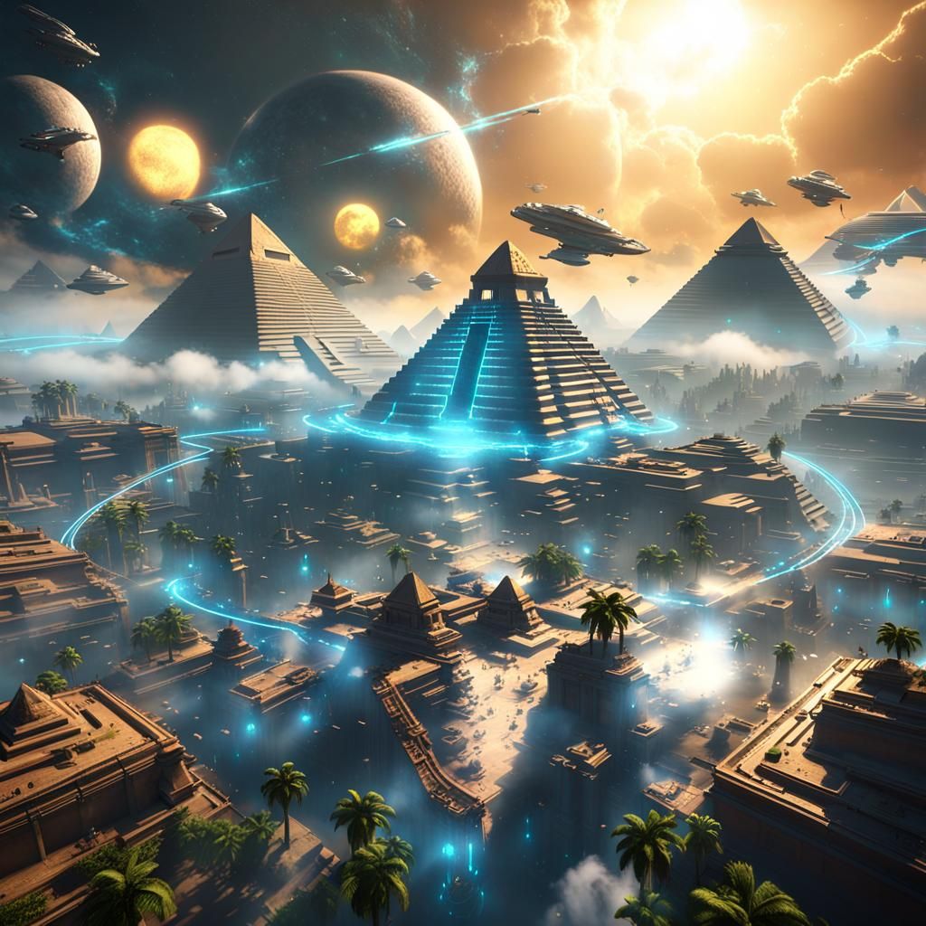 Futuristic Cityscape with Pyramids and Flying Machines